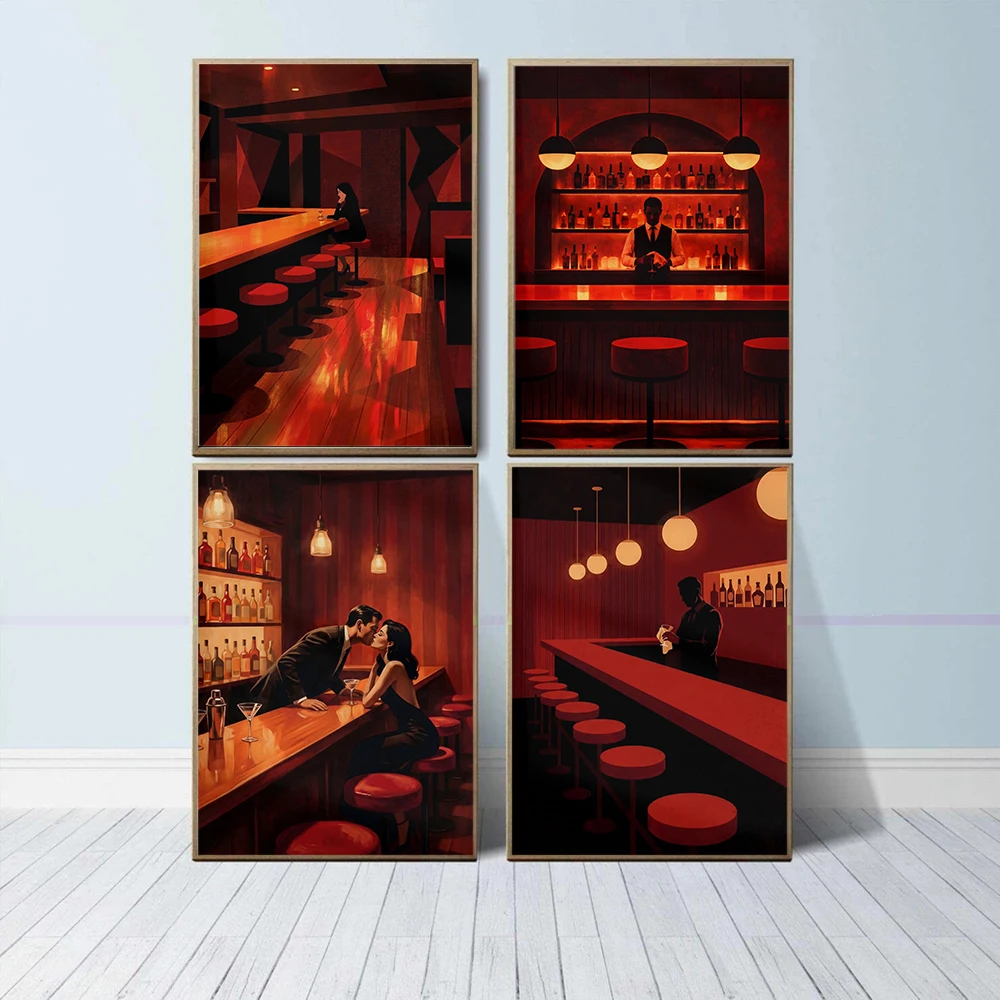 Retro Bar Couple Kissing Wall Art Canvas Painting Print Cocktail Bar Scene Wall Art 1950s Poster  Home Decor Cuadros