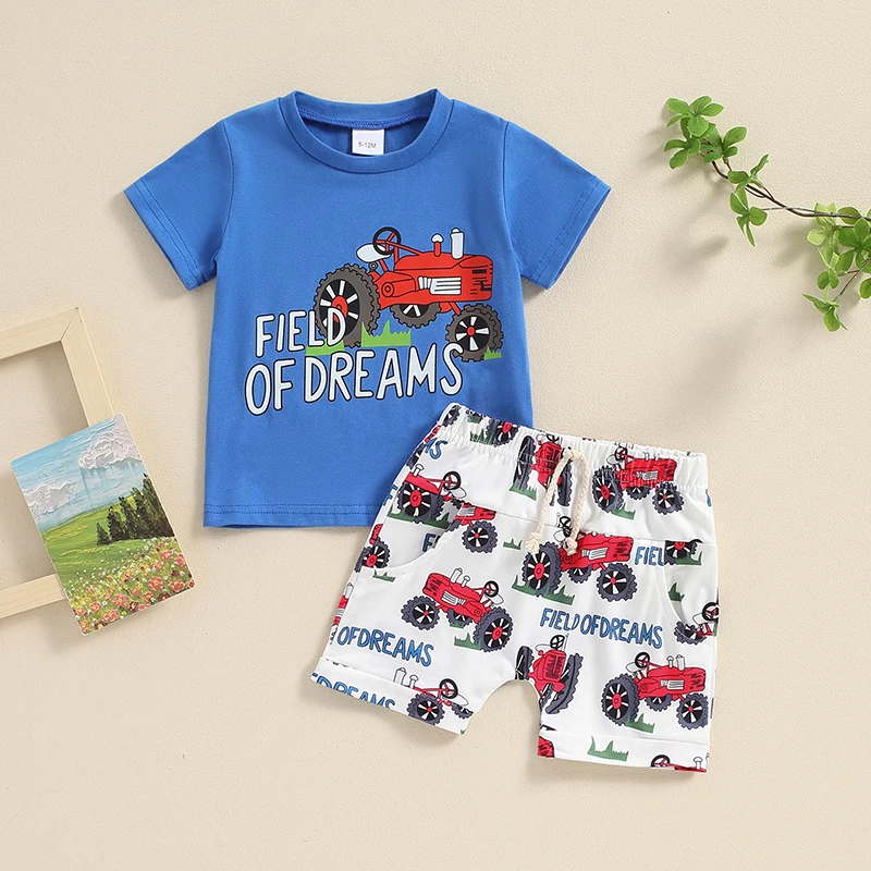 

2024-03-28 Lioraitiin Summer Baby Boys Shorts Sets Blue Short Sleeve Crewneck Letter Print Tops and Tractor Print Shorts Sets