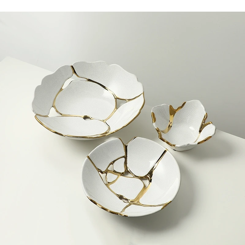 

Creative Ceramic Fruit Platter Golden Crack Gold Wire Tray Desktop Storage Container Candy Bowl Decorative Ornaments
