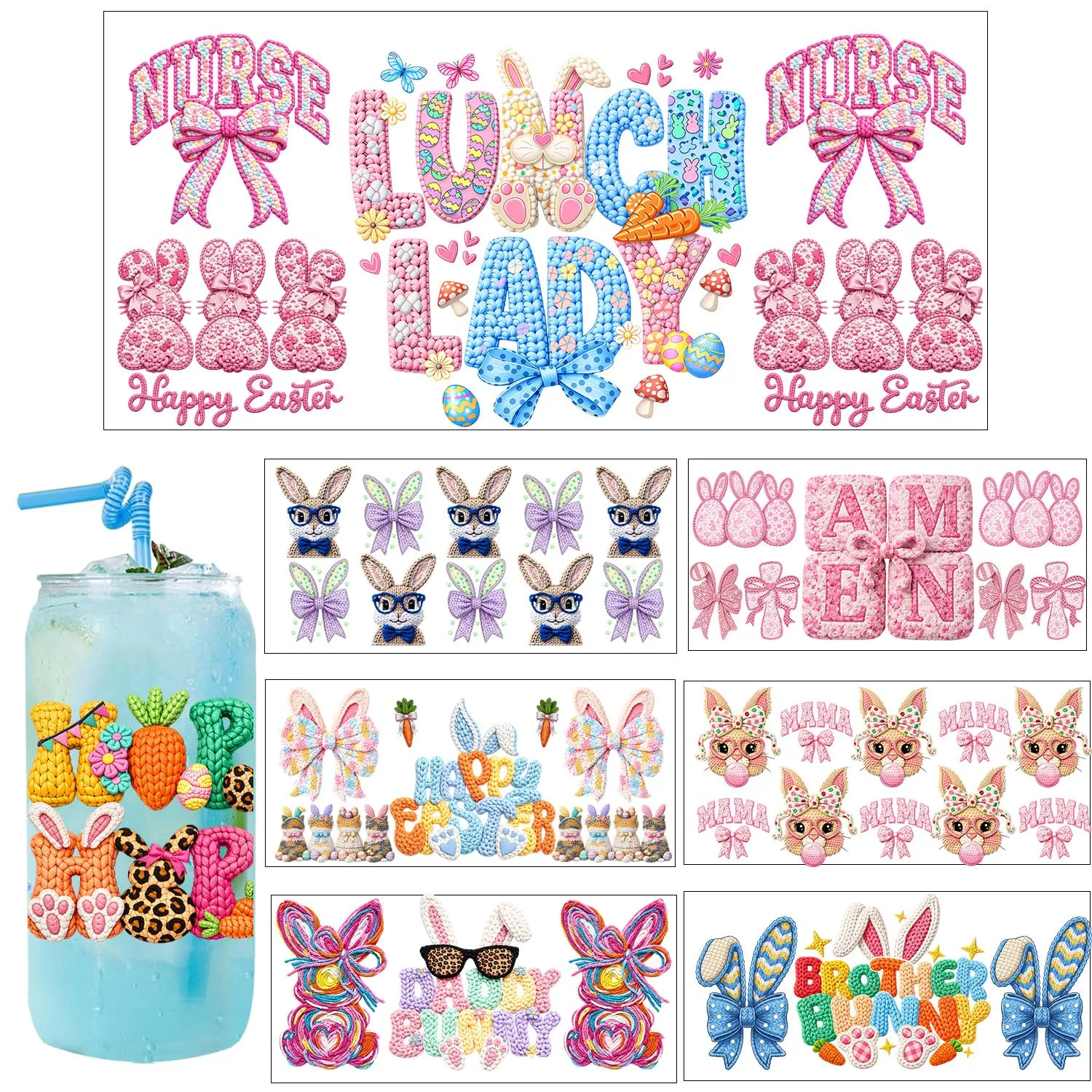 Happy Easter Bunny Theme UV DTF Sticker waterproof DIY Decals 3D transfers uvdtf seal stickers 16oz uv dtf cup wraps