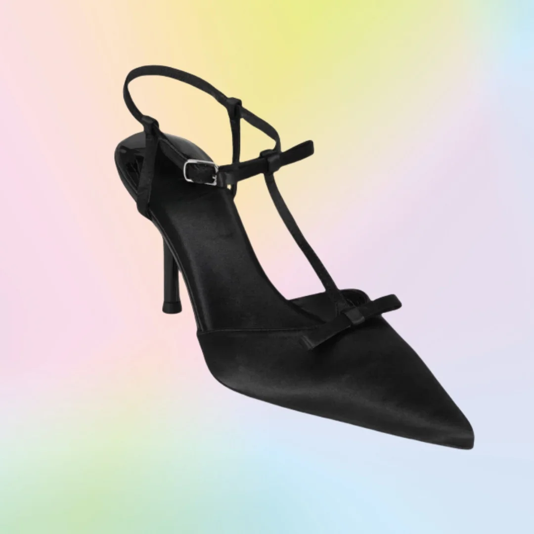 

Black Bow Knot Decor T Strap Pumps Ankle Buckle Thin Heel High Shoes for Women Open Toe Wedding Shoes 2025 Zapatillas Mujer