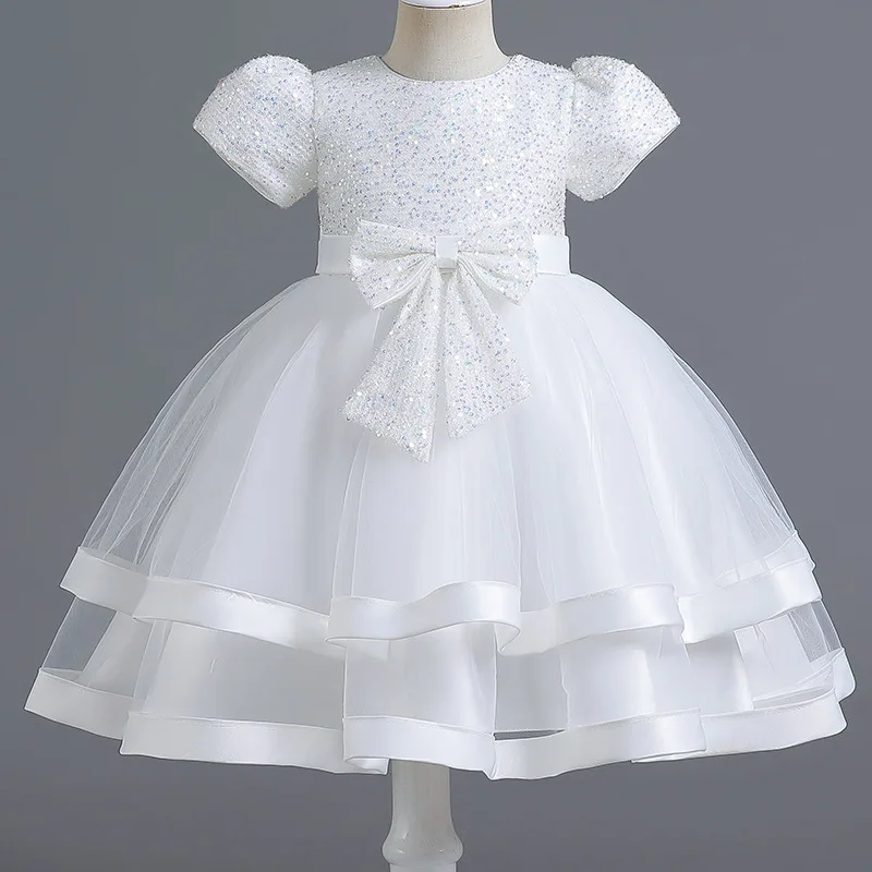 2023 Children\'s sequin bow princess dress 0-5 year old girl bubble sleeved puffy dress banquet birthday high-end performance dre