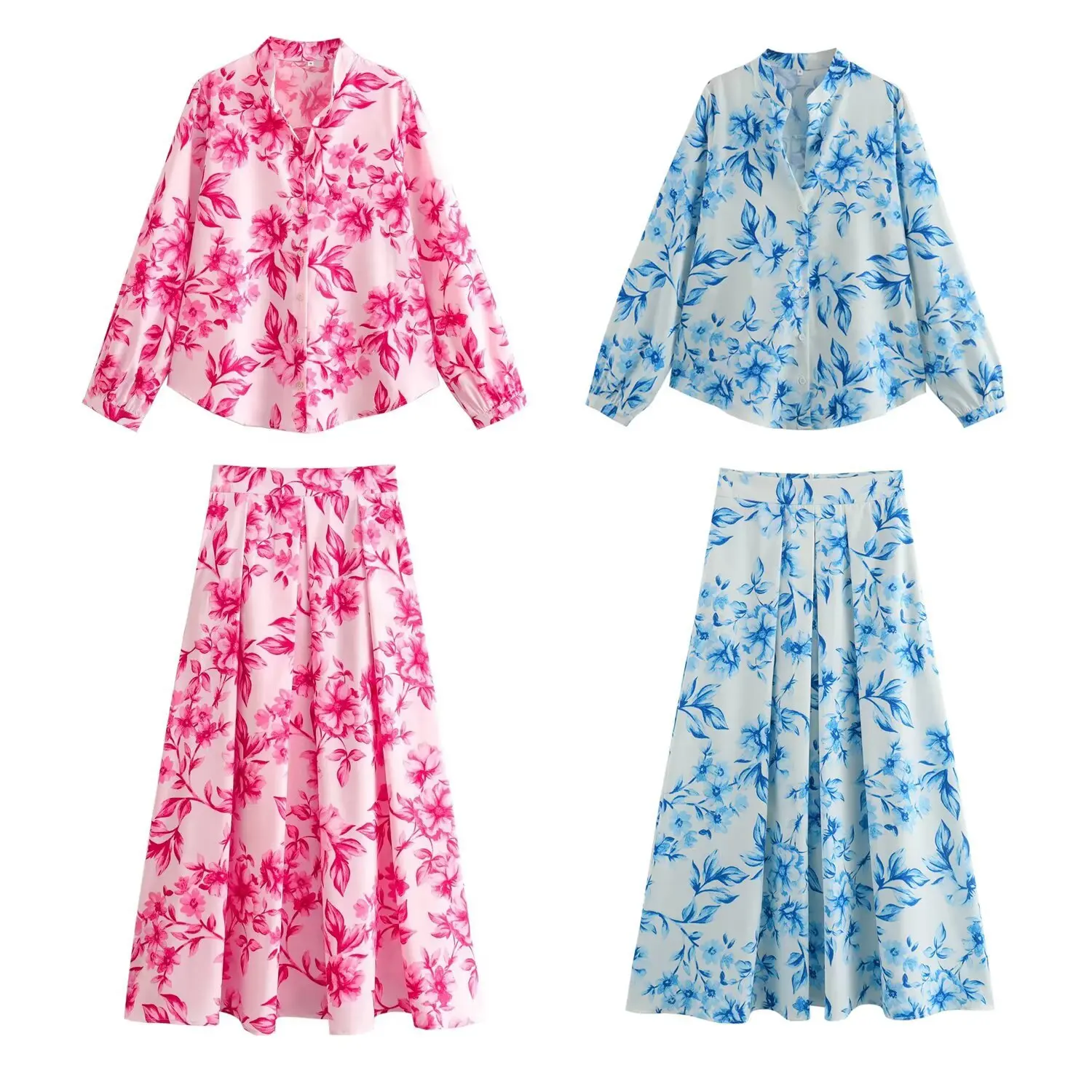

Women's Flower Print Shirt Skirt Suit Lapel Long-sleeved Top Side Zipper Pleated Skirt Spring Summer New Casual Chic Suit
