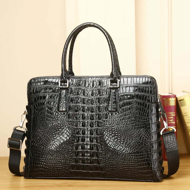 

2024 New Men Briefcase Crocodile Pattern Double Layer Zipper Genuine Messenger Briefcases Leather Laptop Bag Business Handbag