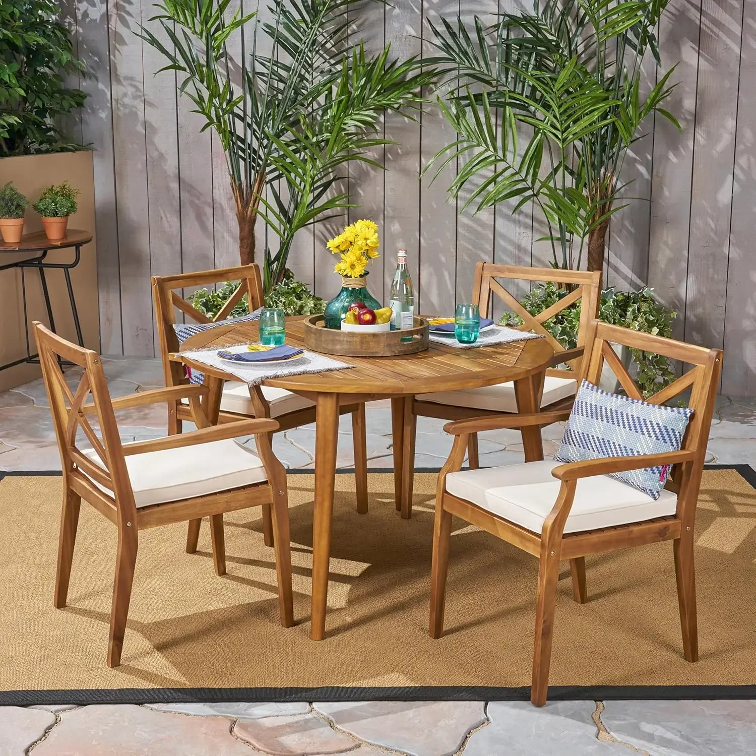 

Mayne Outdoor 5 Piece Acacia Wood Dining Set with Cushions, 21.25 "W x 23.25 "D x 35.5 "H