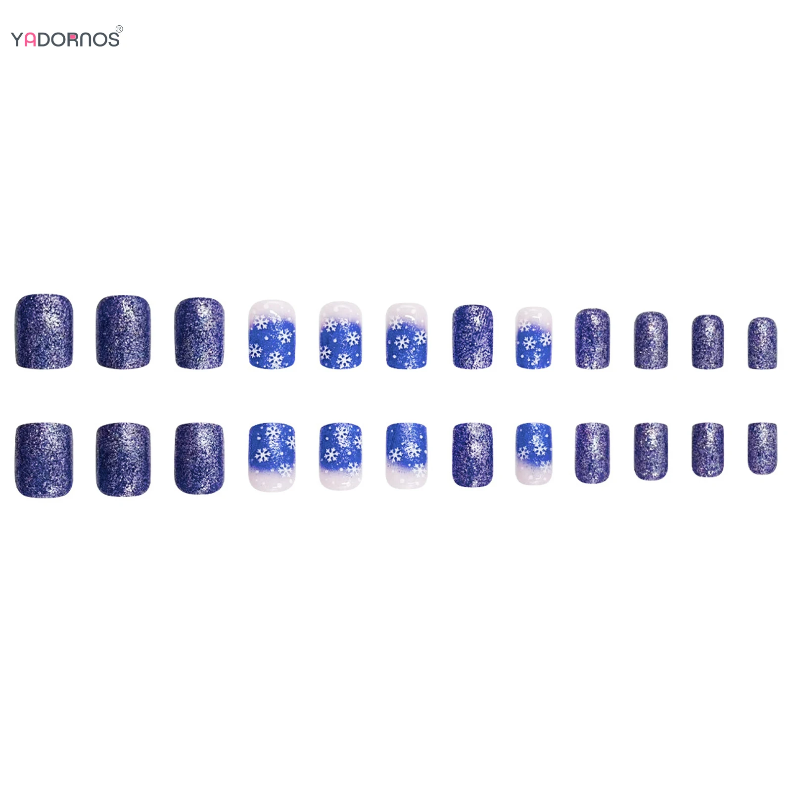 Uñas postizas con lentejuelas azules brillantes, dijes cuadrados cortos, uñas postizas con estampado de copos de nieve blancos para mujer, uñas postizas para fiesta de Navidad