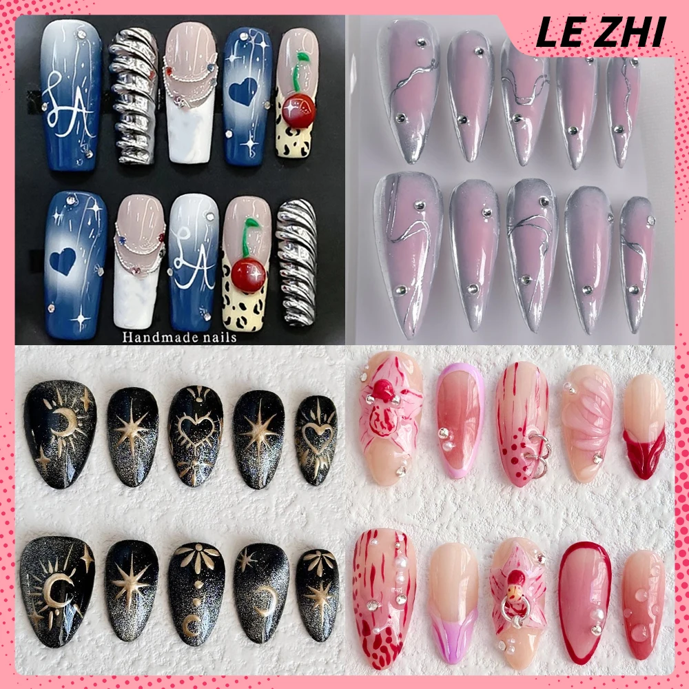 

10Pc Sweet Cool Colorful Handmade Long Square Almond Fake Nails Glitter Cat Eyes Rhinestone Magic Mirror Powder Wearable Nails