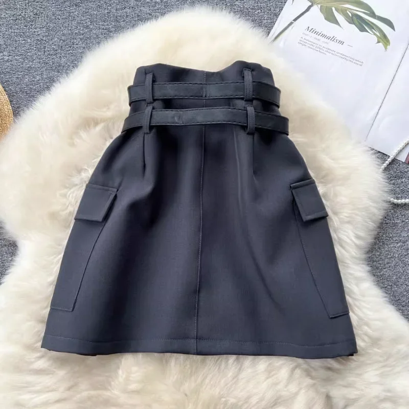 Hikigawa Summer High Waist Double Belt 2023 Summer Mini Skirts Vintage All Match Pocket Patchwork Solid Harajuku Roupas Feminina