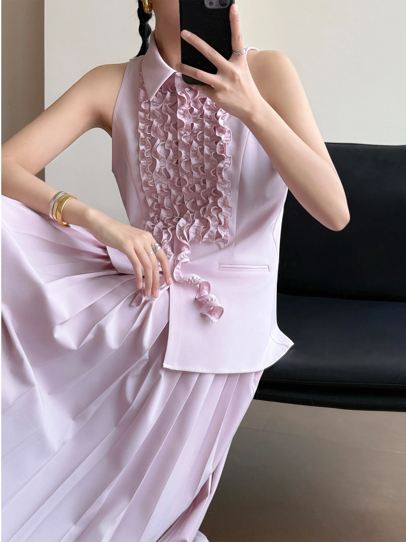 

Tasyavan Heavy Industry Decomposition Suit Vest Pleated Skirt Three-Piece Set Women's Fashion Ensemble Winter Season