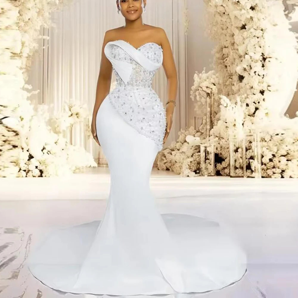 

Роскошные атласные свадебные платья русалки для невесты, большие размеры, индивидуальные свадебные платья с милыми кристаллами и бисером, Robe De Mariee 2025