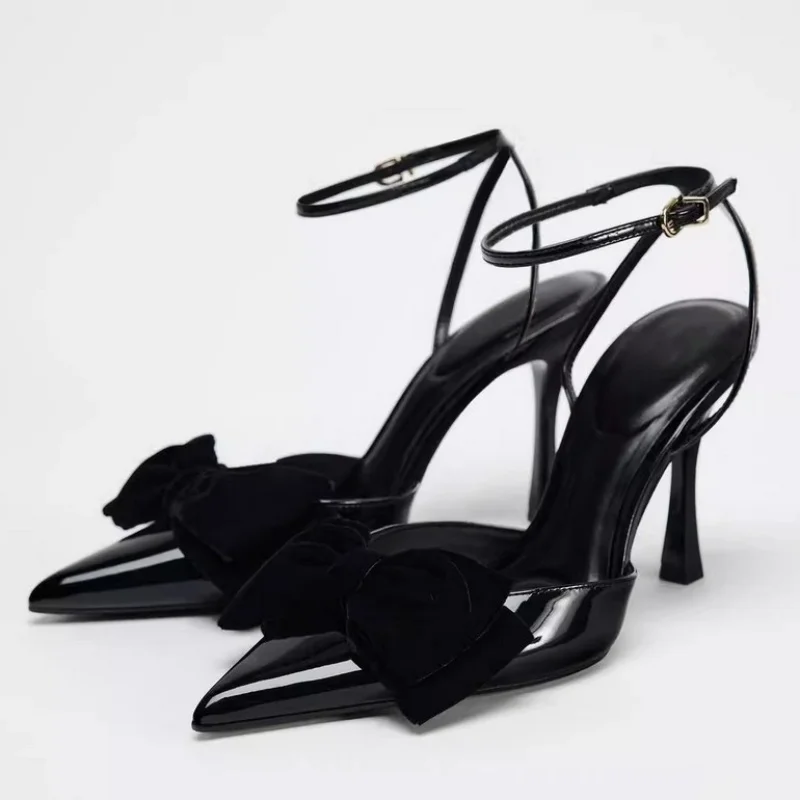 TRAF 2025 New Women Black Velvet Bow Heels Sexy Ankle Straps Stiletto Shoes Woman's Elegant Pointed Toes Eveing Party Pumps