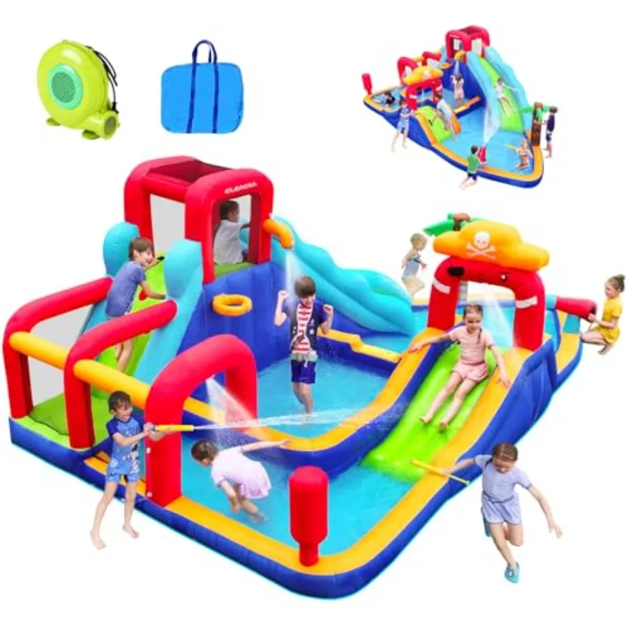 

Backyard inflatable water slide bounce house: PVC blue/red 10-in-1 with blower dual slides dual climbing walls dual water guns