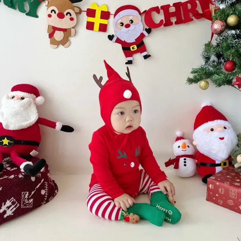 Christmas Autumn Winter Korean Baby Jumpsuit Cartoon Santa Claus Baby Bodysuit Boy Girl Baby Romper Outfits Onesie with Hats