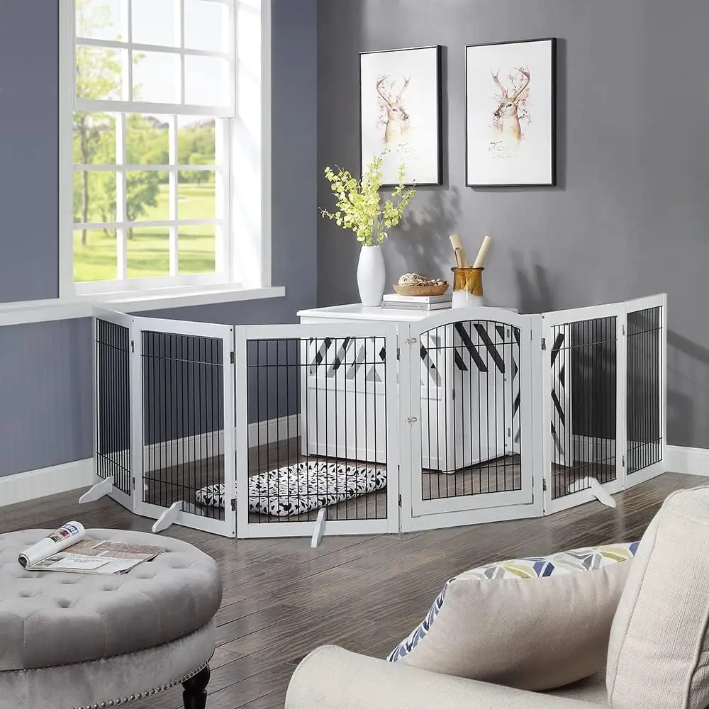 Extra Wide Dog Gate and Pet Playpen, Free Standing Tall Dog Fence with Walk Through Door