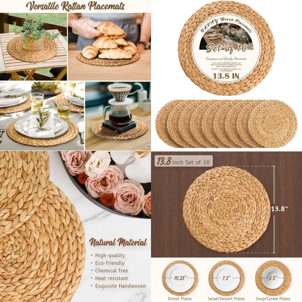

Набор из 10 плетеных салфеток в стиле бохо в деревенском стиле, ротанговые настольные коврики в стиле фермерского дома с джутовыми косами для обеденных тарелок