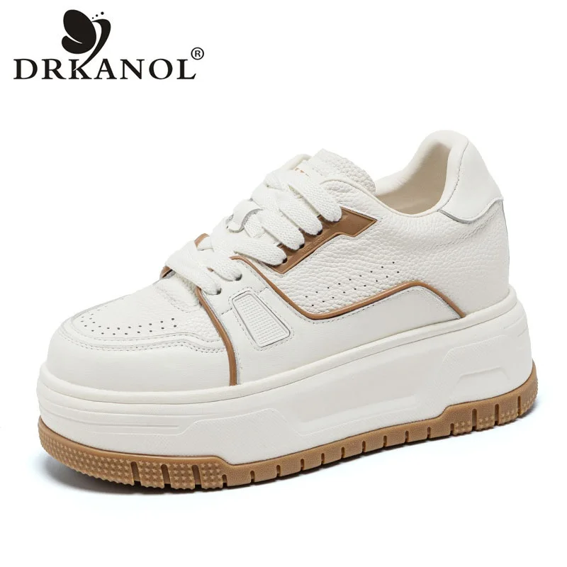 DRKANOL Fashion 8cm Height Increasing Shoes Women Summer With Holes Genuine Leather Thick Sole Round Toe Platform Casual Shoes