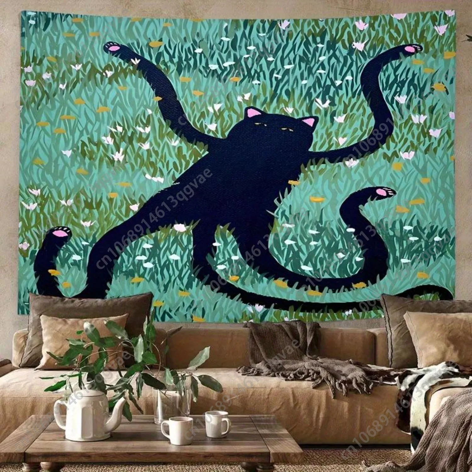 لطيف أنيمي القط الأسود نسيج ديكور الغرفة الجدار الشنق البوليستر السحرية الأخضر العشب نسيج لغرفة المعيشة الديكور المخصص