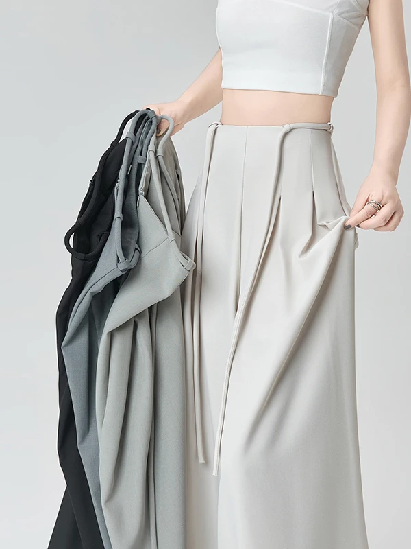 

Ele High Waist Straight Leg Pants Women's Spring Summer Thin Ice Silk Drapey Loose Fit Floor Length Skirt Suit Trousers