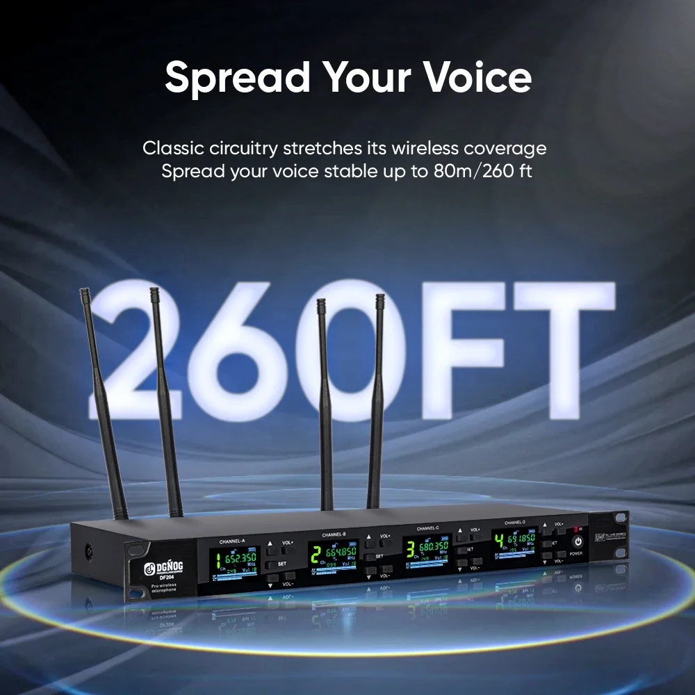 Df204 profissional 4 canais sistema de microfone sem fio performances palco uhf microfone portátil dinâmico para karaoke estúdio ktv festa