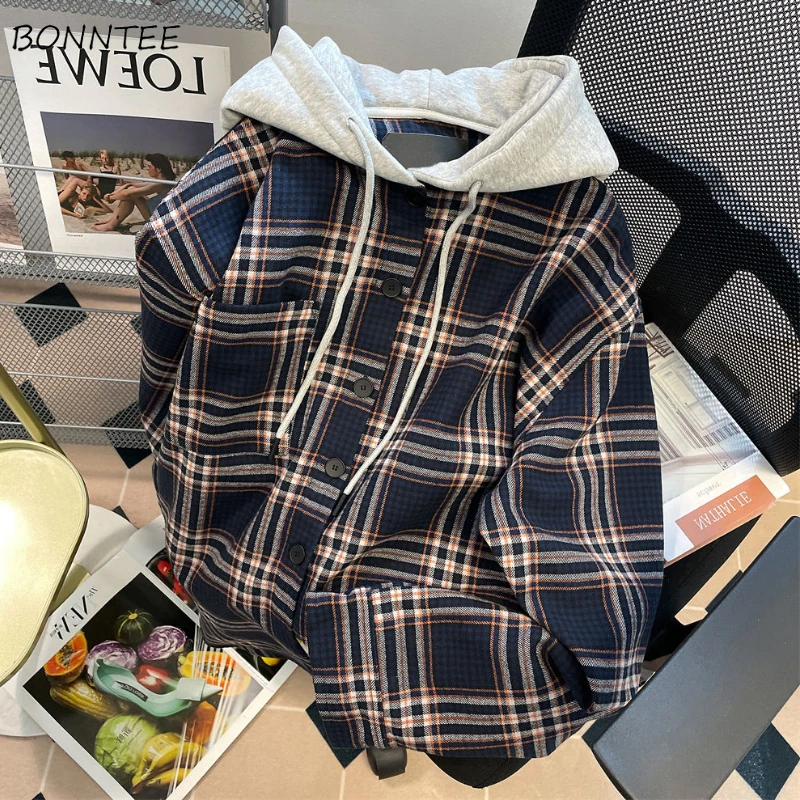 

Hooded Jackets Women Vintage Plaid Unisex Stylish Cool Streetwear Baggy American Style Long Sleeve Jacket Spring Autumn Leisure