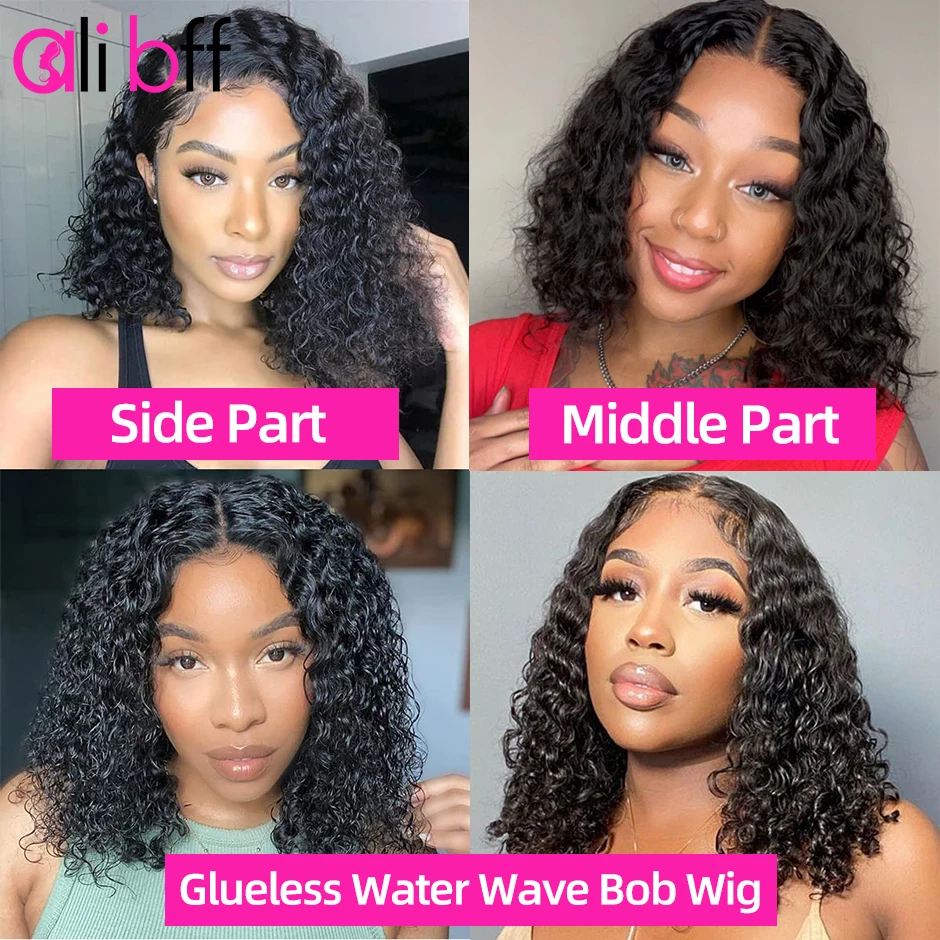 Lace Front Water Wave Bob Wig para mulheres negras, cabelo humano pré arrancado, linha fina natural, wear and go, sem cola