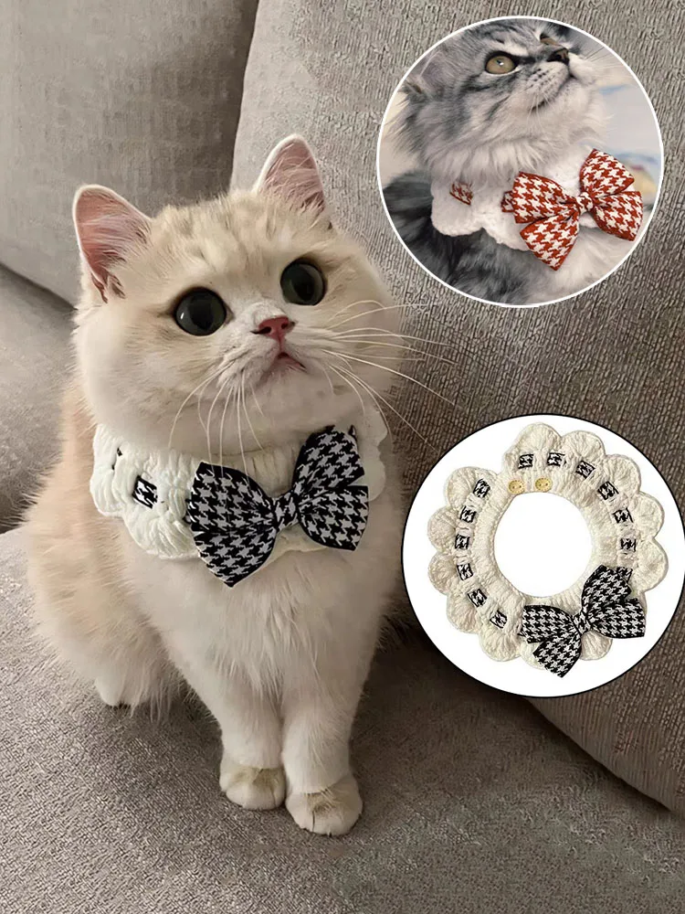 Collier de chat mignon en laine au crochet pour chats, nœud papillon, bavoir pour animaux de compagnie, chaton et petits chiens, chiots, accessoires de cravate