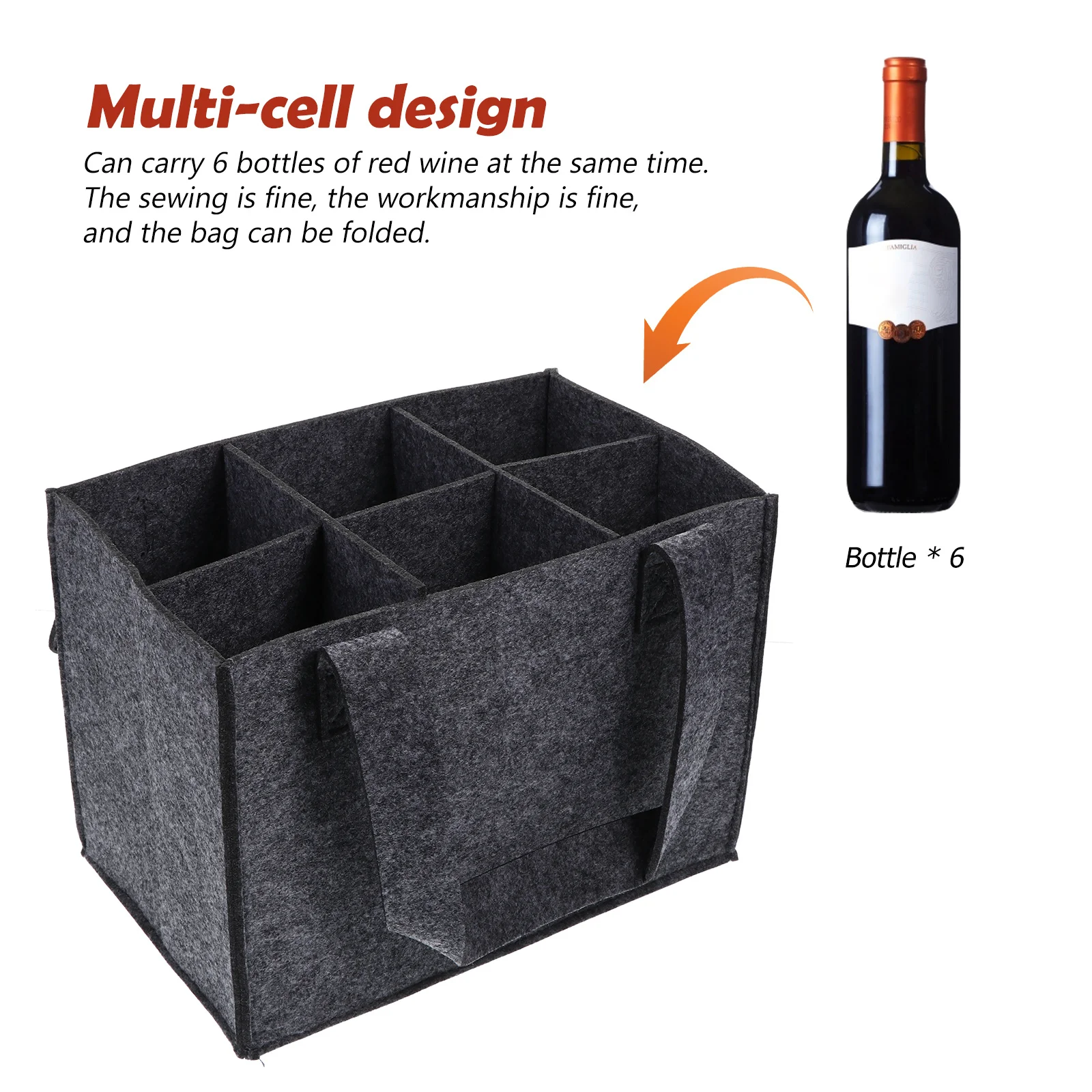 

1pc Bag Multi-Cell Design Holds 6 Bottles Portable Wine Tote Carrier Felt Bottle Organizer Wine Holder