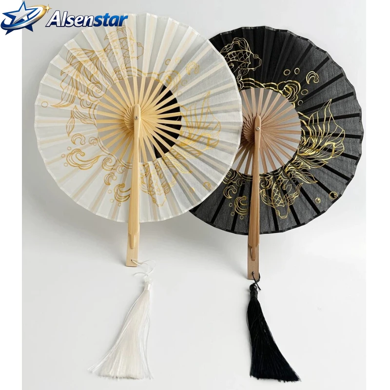 Hot Stamping Koi Folding Fan Ancient Style Handmade Round Fan Hanfu Cheongsam Runway Women Girls Hand Fans Children Windmill Fan