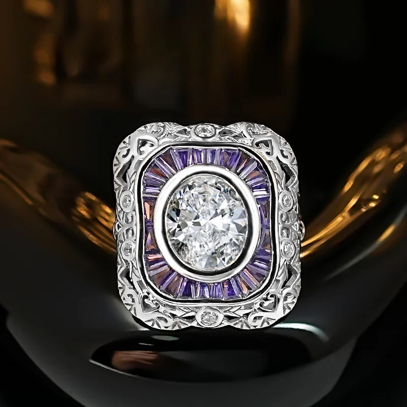 

Dreamy Noble Purple T Square Diamond Ring European and American Luxury Set s925 Inlaid Redion Cut Shield Retro Carving