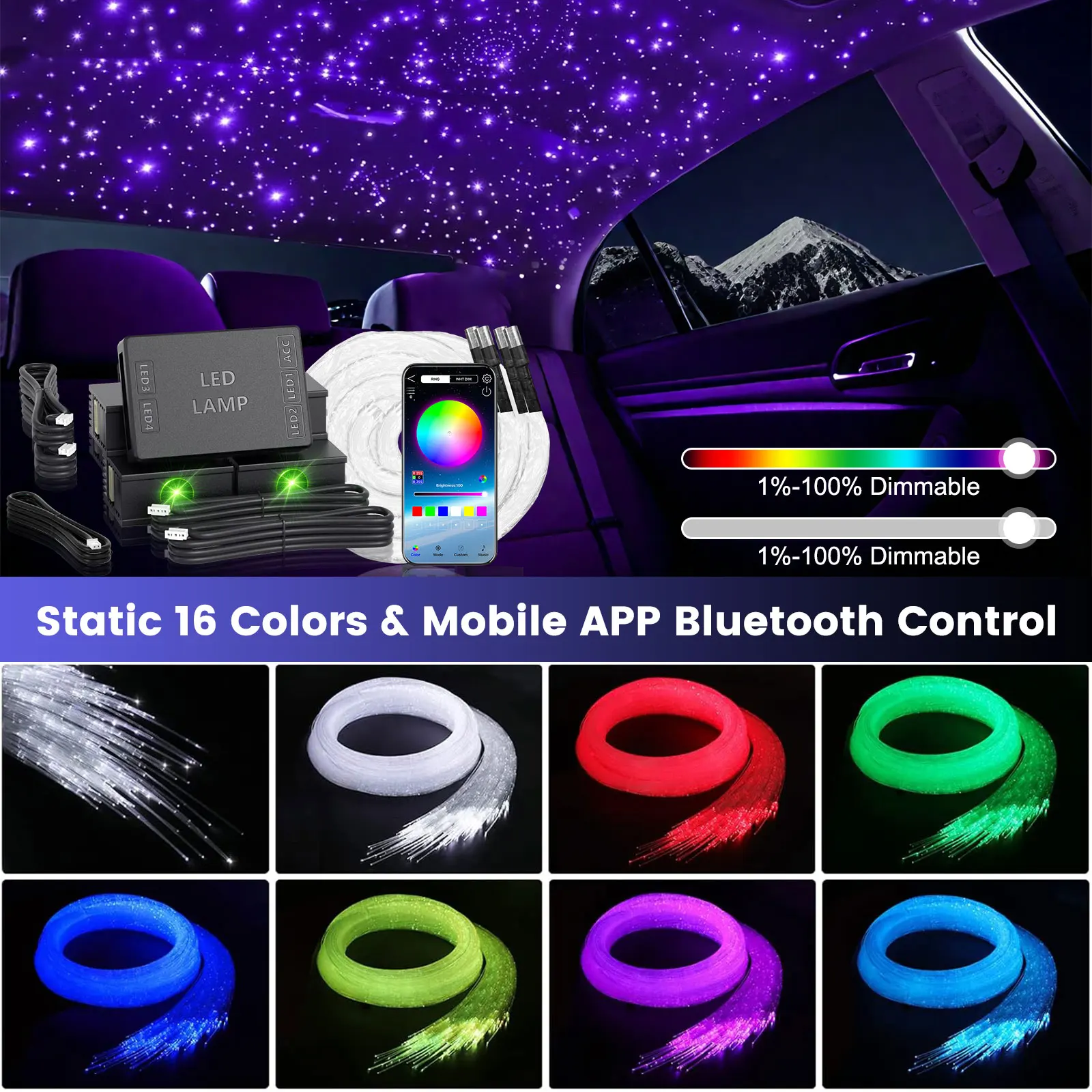 2026 New RGBW 12V 16W 1/2/4 Split Starry Sky Atmosphere Light APP Control Fiber Optic Car Starry Sky Ceiling Roof Kits Interior