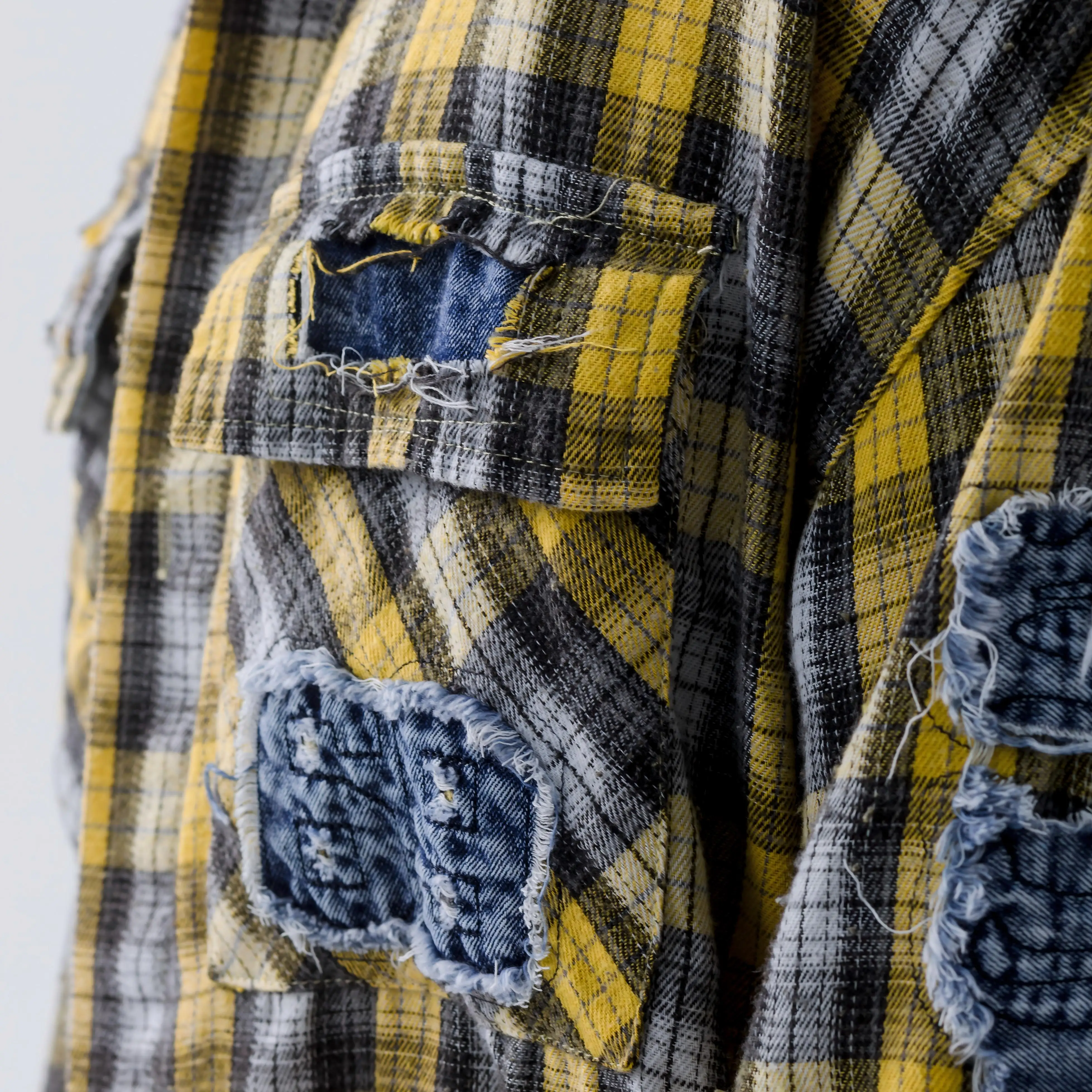 Hip Hop High Street Plaid Shirt Plus Size Work Shirt Denim Checkered Patchwork Cotton Long Sleeve Jacket Applique Oversize Shirt