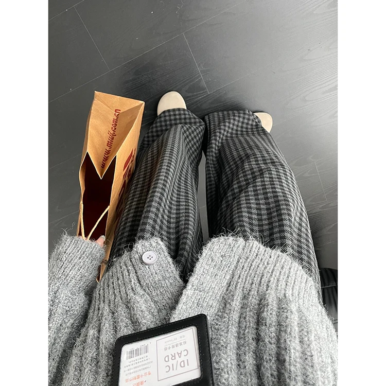 Pantaloni scozzesi in tweed retrò Pantaloni casual larghi a vita alta lunghi fino al pavimento da donna Primavera 2025 New Sle ay Gamba dritta coreana