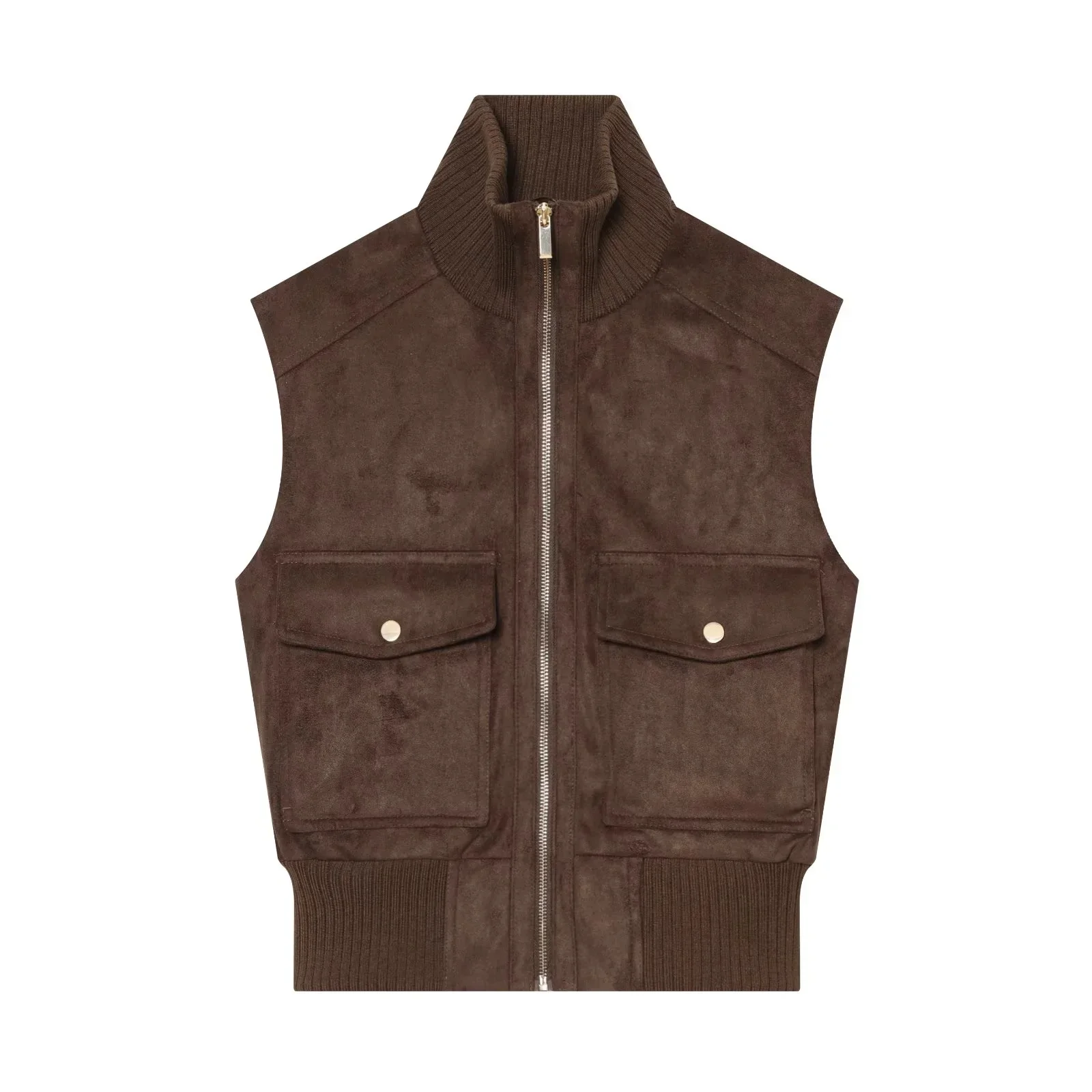 KONDALA Vintage Casual Damen Wildleder Tanktop mit Stehkragen, ärmellos, Reißverschluss-Taschen, modisches Oberteil für Herbst/Winter 2026, Urlaubstop – Detail 2