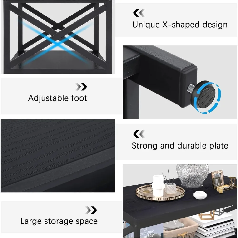 Juego de mesa de centro de 3, mesa de centro industrial de diseño X y 2 mesas auxiliares, juego de mesas de salón de 3 piezas con almacenamiento grande