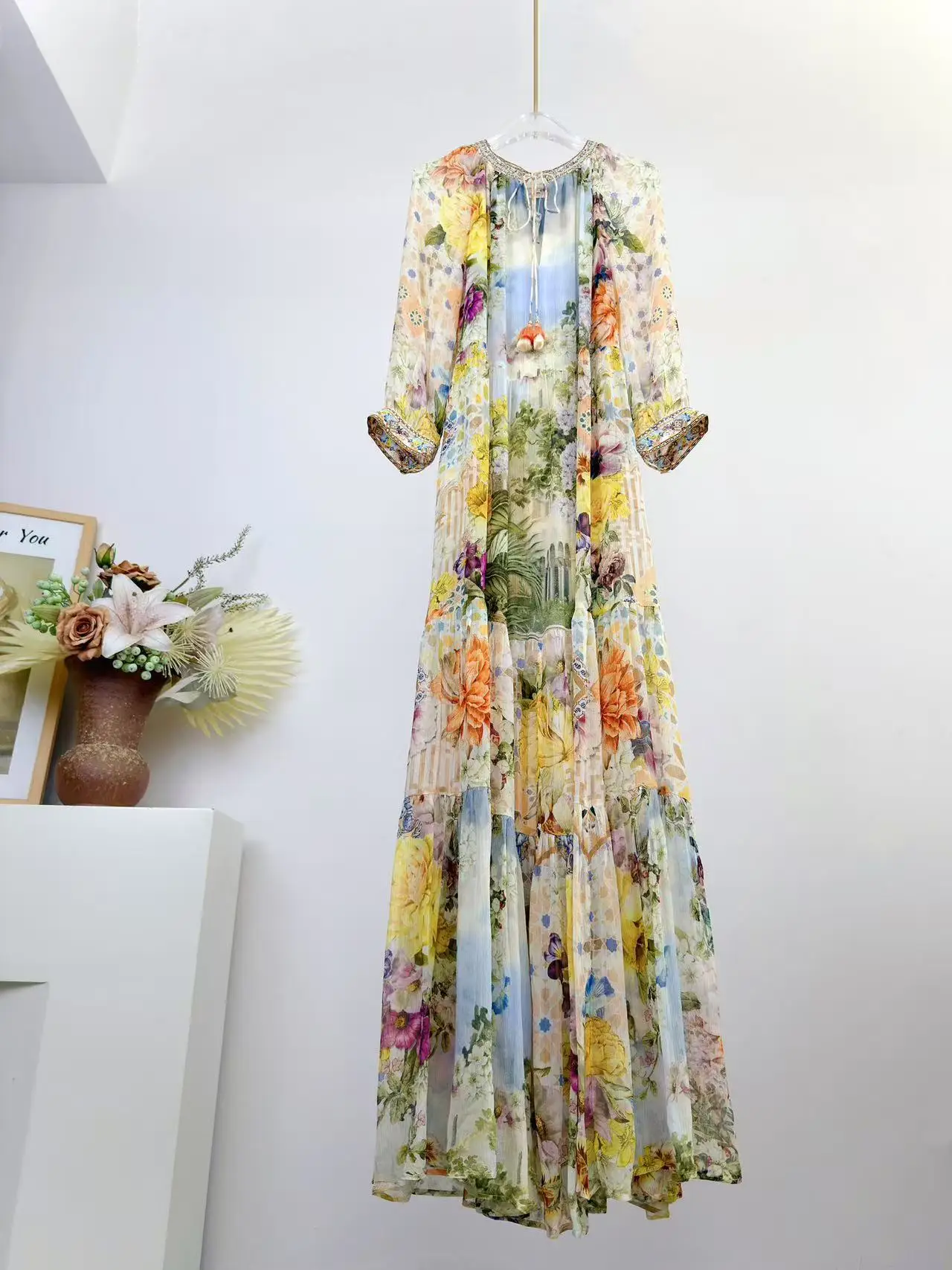 Spring Summer Fashion Vintage Floral Print Silk Floor-Length Dress Women's O-Neck Gorgeous Diamond High Waist Flounces Hem Dress