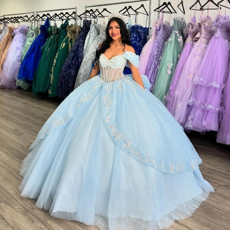 

Sky Blue Princess Quinceanera Dresses Off Shoulder Lace Appliques Crystal Tull Ball Gown Sweet 16 Dresses Vestidos De 15