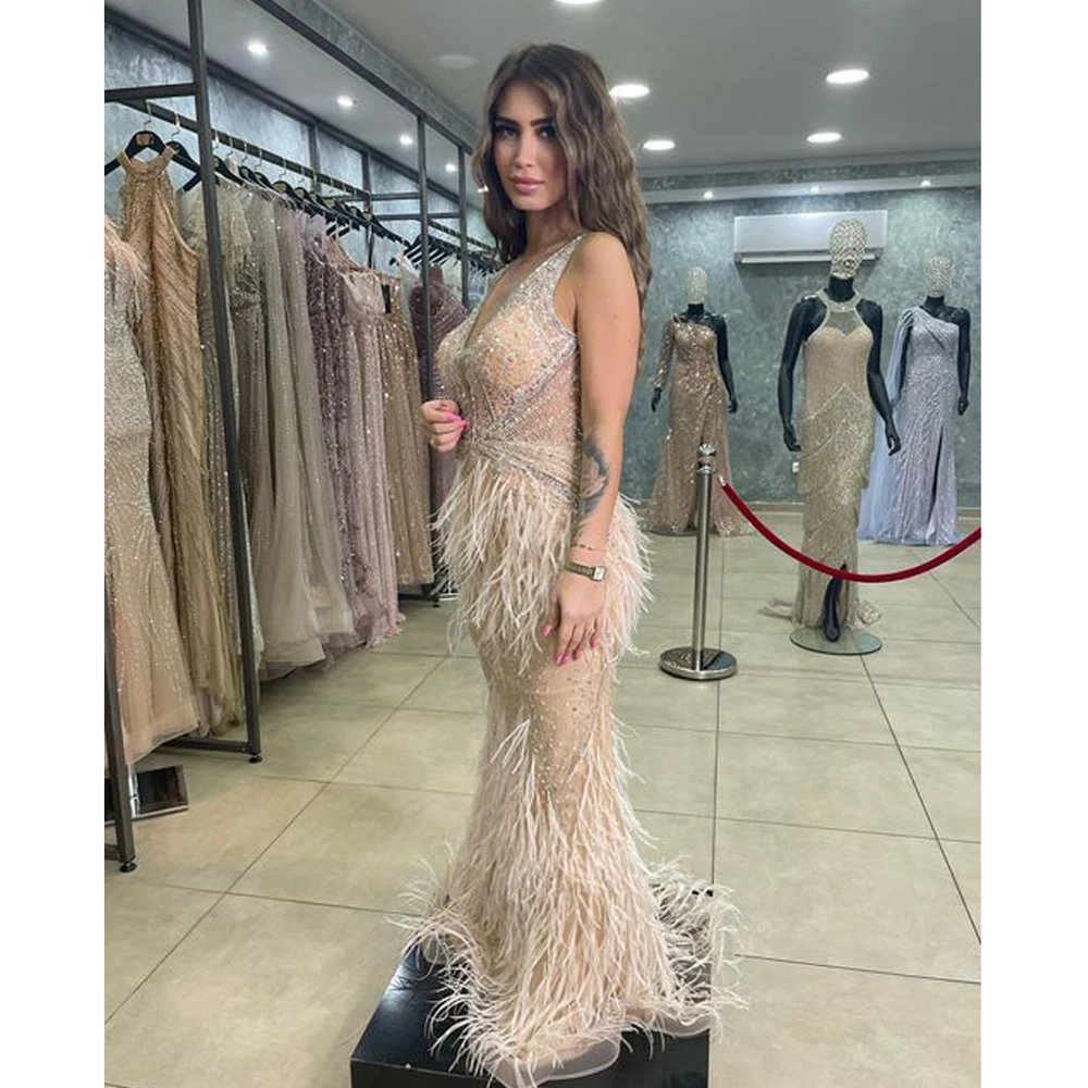 White Feathers Evening Dress 2024 For Women Mermaid Arabic Elegant Sequined Luxury Dubai Beaded Formal Party Prom Gowns Vestidos