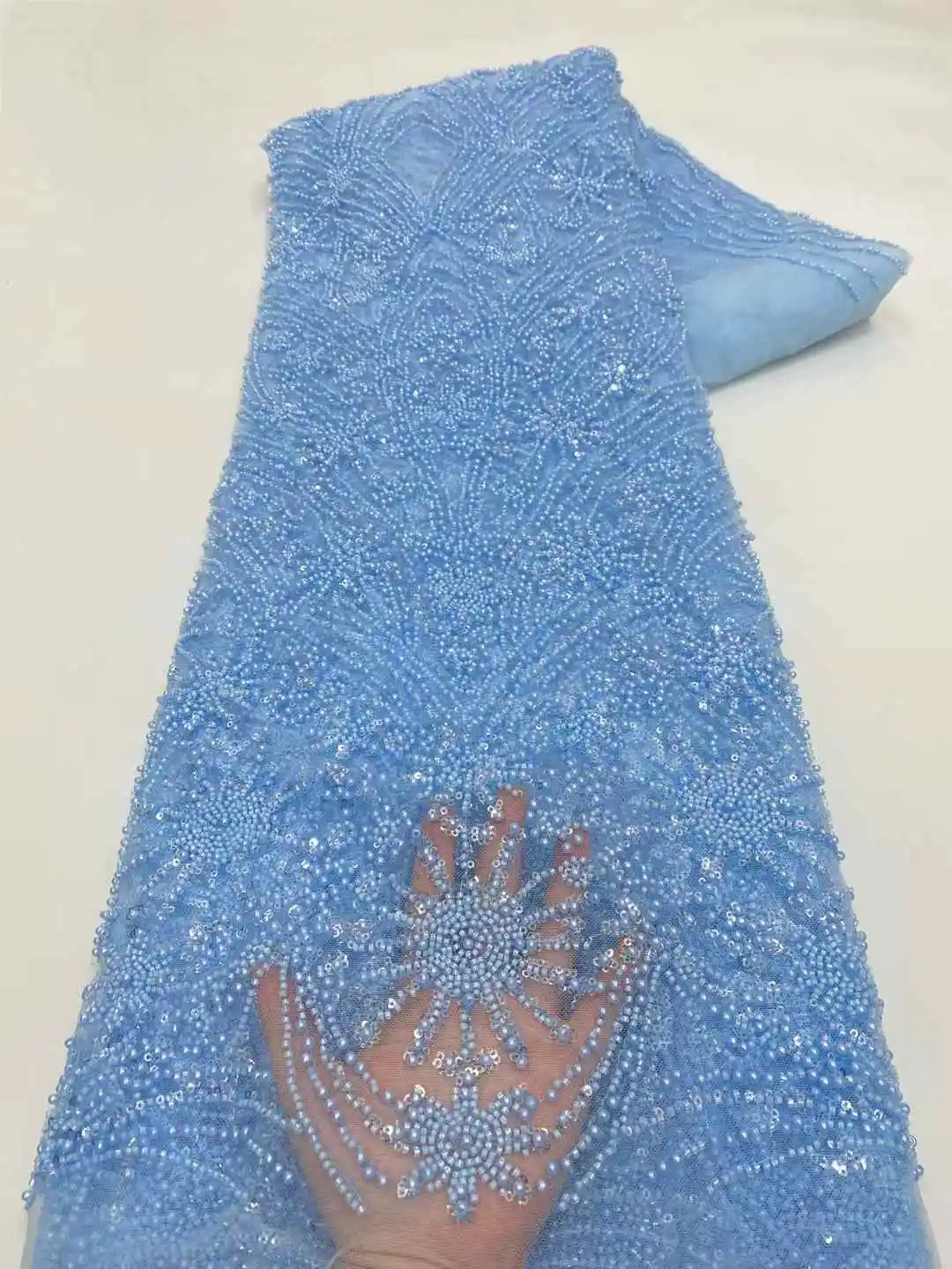 Preto 5 jardas de luxo high-end tecido frisado lantejoulas pesadas tecido bordado moda francês tule malha tecido renda para casamento