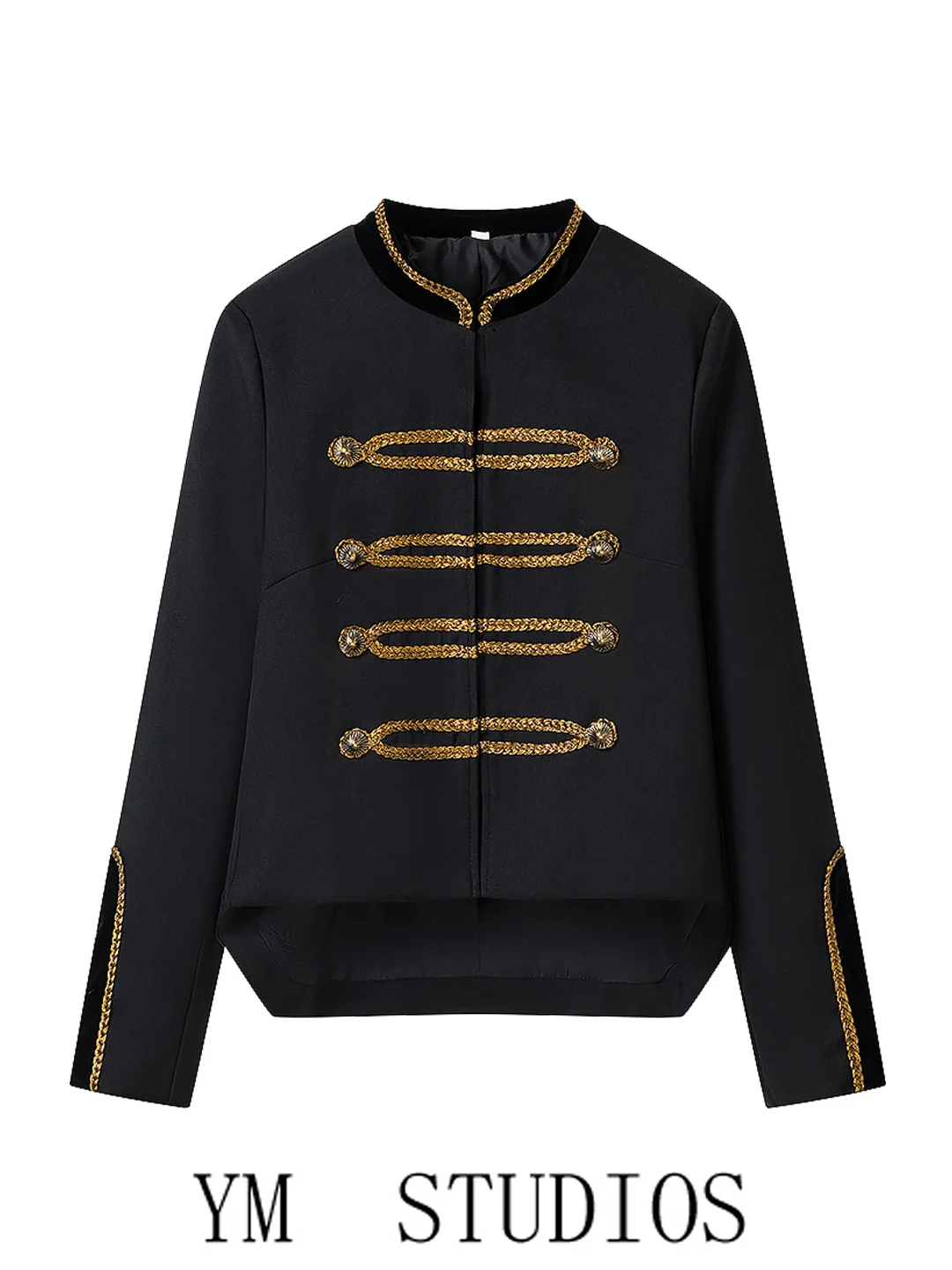 Fashionable Short Black Jacket with Golden Weave Belt Metal Decoration Stand Collar Slimming Effect Women's Autumn Wear