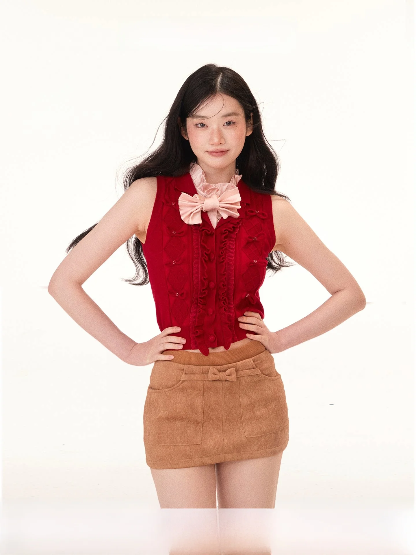 

Ele Hot Wine Knitted Vest with Silk Knots High Waist Skirt And Fake Collar Spring Faion Set for Women Casual Wear