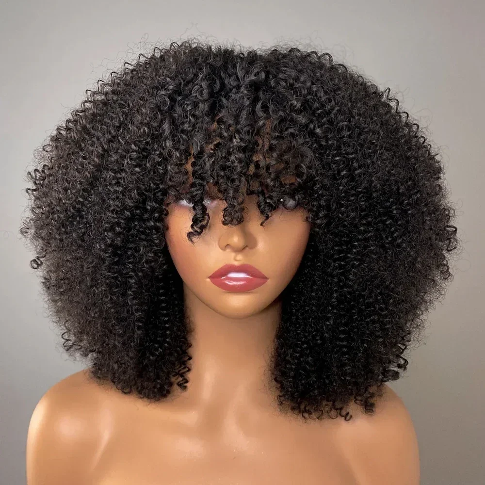 Afro-verworrene lockige Perücken mit Pony, 200 % Dichte, brasilianisches Remy-Echthaar, voll maschinell hergestellte Perücken, kurze Afro-Lockenperücken für Frauen