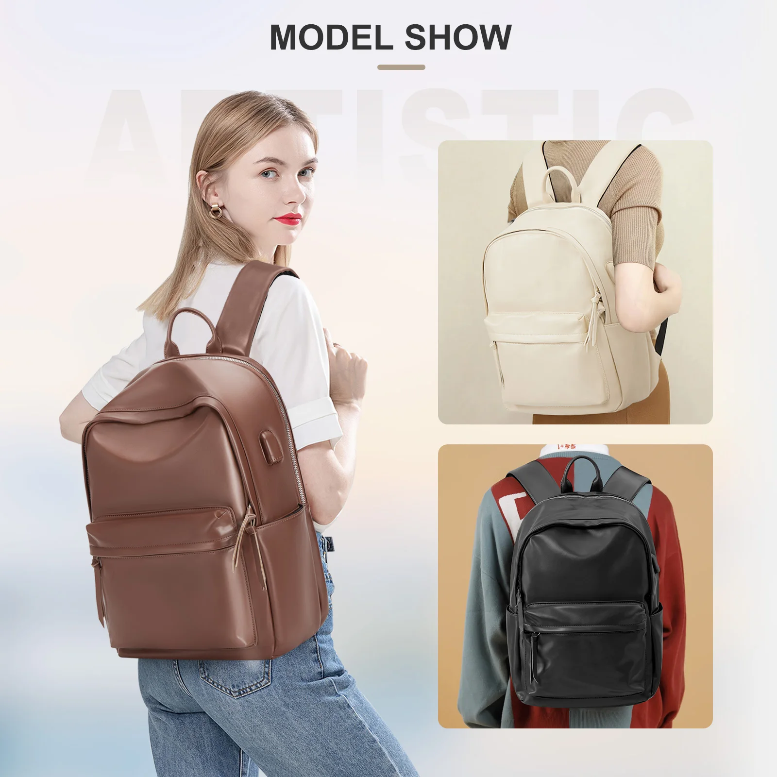 حقيبة ظهر نسائية جلدية، حقيبة كمبيوتر محمول للأعمال، حقيبة ظهر متينة وبسيطة وخفيفة الوزن للتنقل للنساء، حقيبة ظهر للفتيات الجامعيات