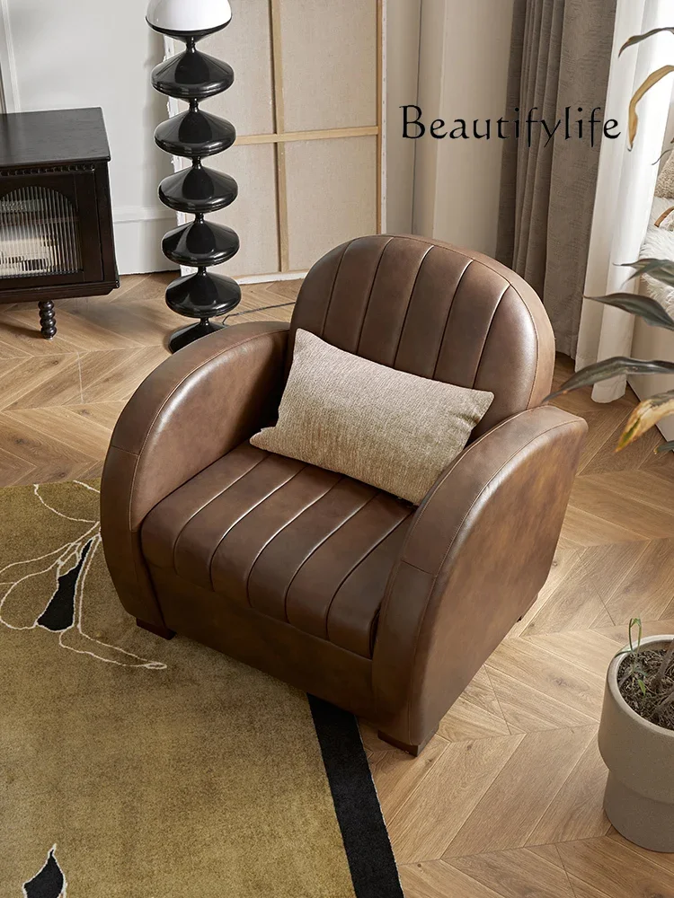 French Retro Leather Solid Wood Lazy Sofa Single Small Apartment Living Room Recliner Sofa Lazy Bone Chair