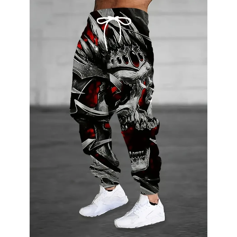 

Men's retro crown skull 3D printed casual pants with drawstring for warmth and tight fitting sports pants