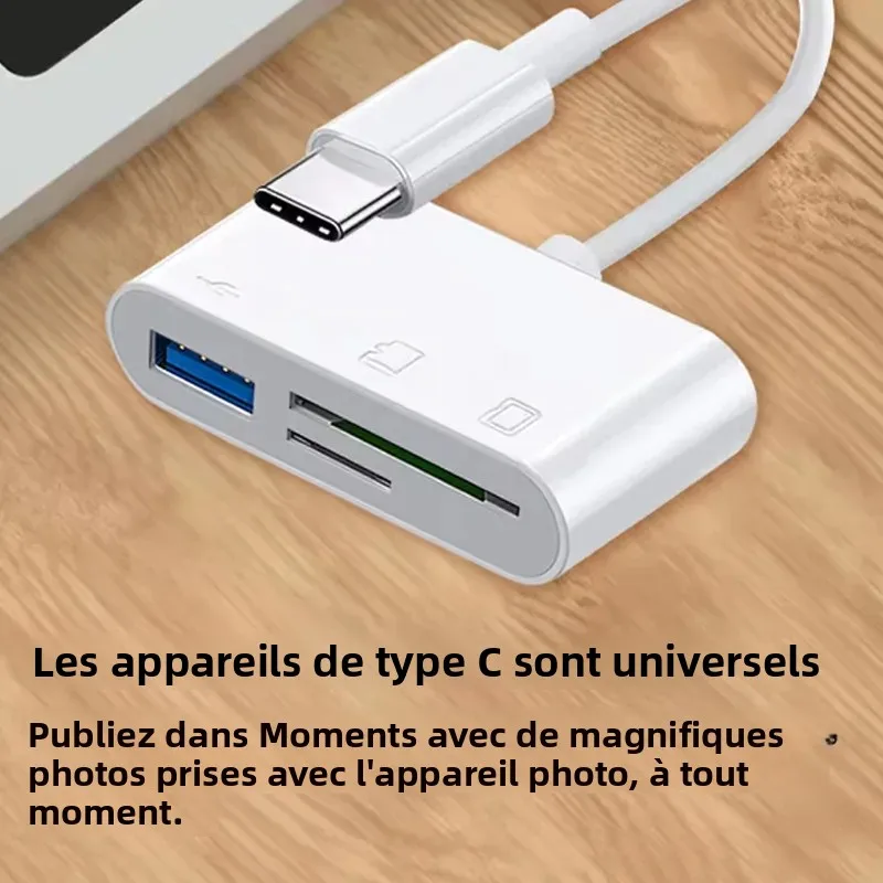 Câble lecteur de cartes USB C 3-en-1, Type-C vers carte SD/TF et câble convertisseur OTG pour ordinateur portable, téléphone, tablette