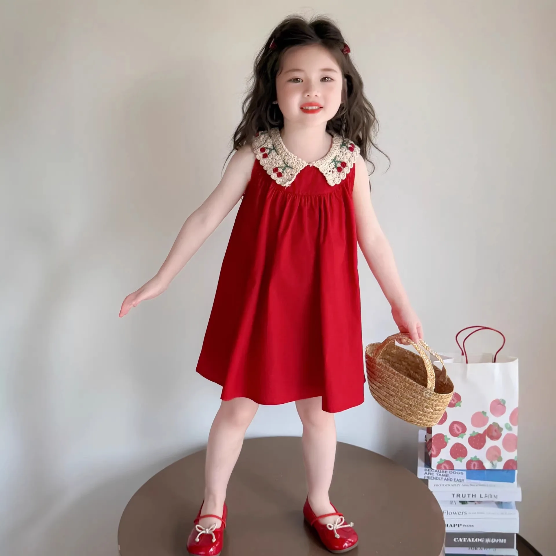 Girls' dress summer new foreign style baby girl vest skirt children's red festive one-year-old