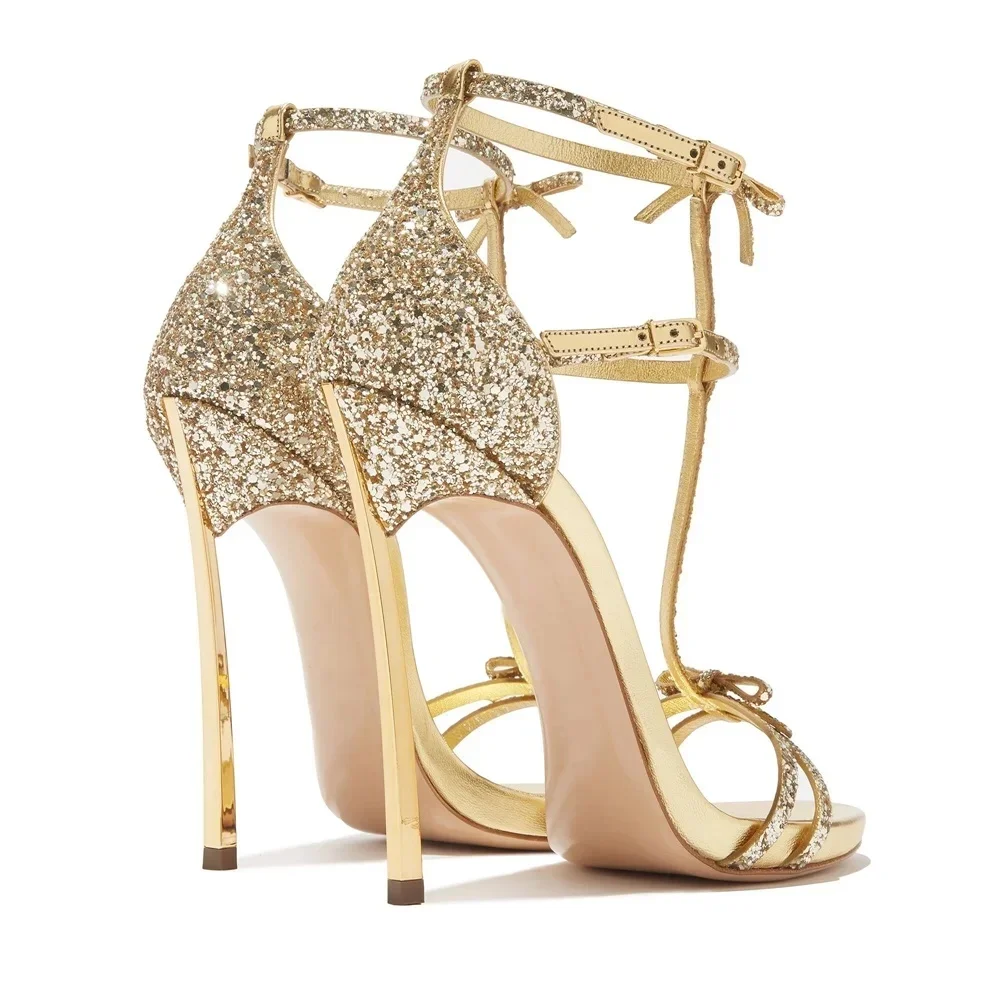 Золотые босоножки на каблуке с узлом-бабочкой и Т-образным ремешком, блестящие туфли, неглубокие серебряные сандалии De Mujer, лето-осень, новинка Zapatos