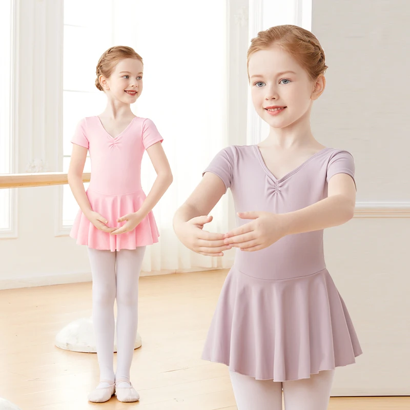 Girls Ballet Dress with Lining Toddlers Kids Ballet Leotard Nylon Gymnastic Leotard with Skirt Short Sleeves Dance Bodysuit