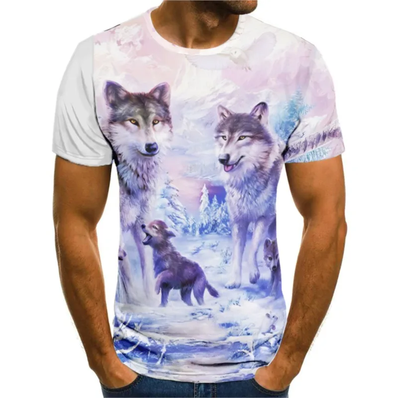 Painting Style Wolves In The Snow Pattern T-shirt With Short Sleeve Crew Neck Stylish And Chic Tops For Men's Summer Daily Wear