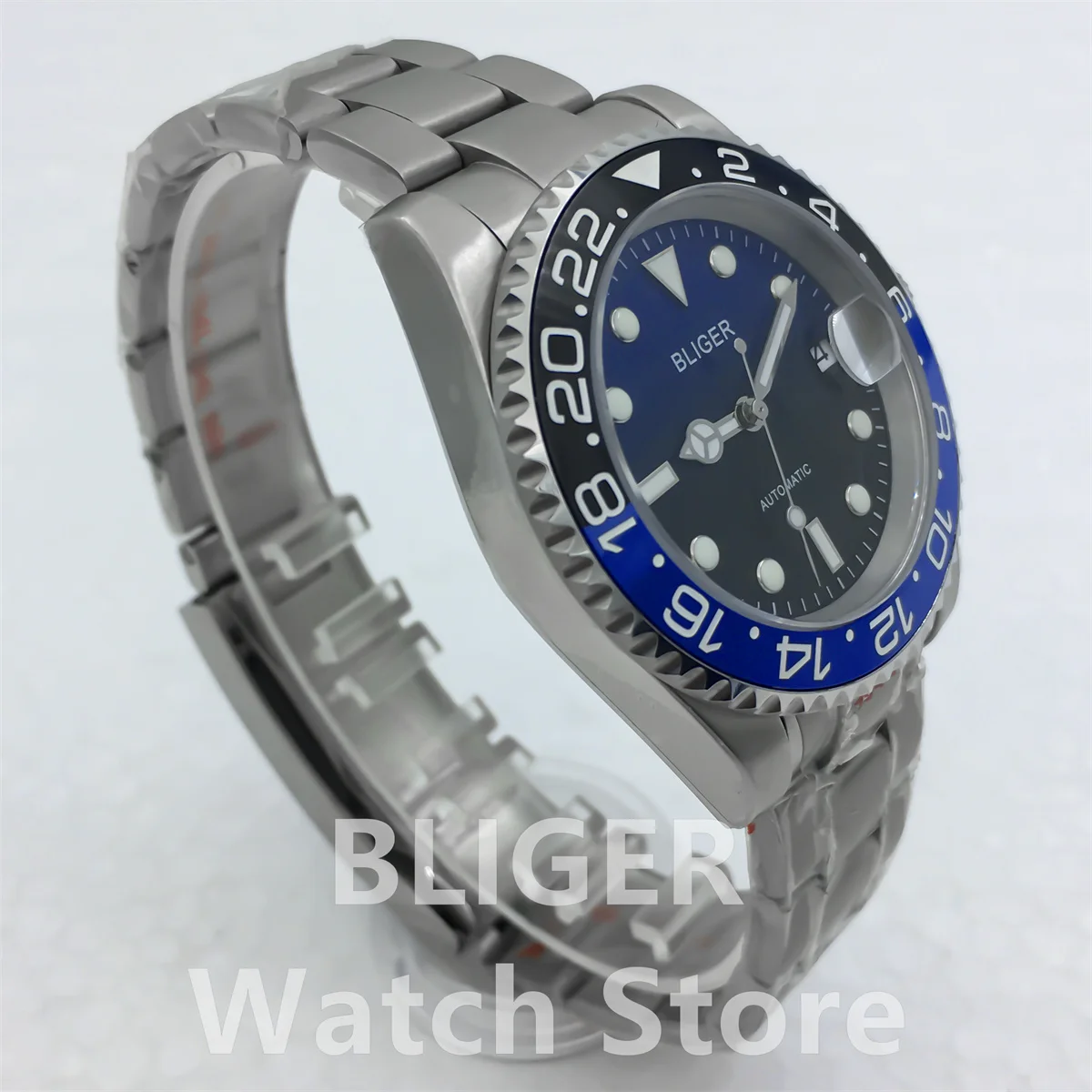 BLIGER Men\'s Watch 40mm NH35 PT5000 MIYOTA 120 Click case Ceramic bezel Blue Black gloss dial sapphire glass Green luminous